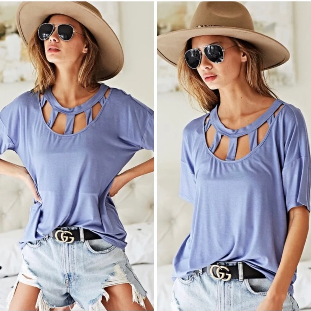 Caged short sleeve top in dusty blue lilac - Picture 1 of 5